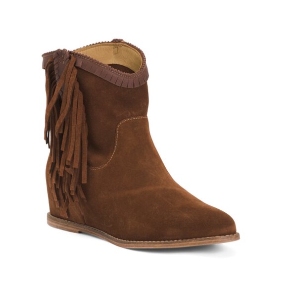 LUCCHESE Chocolate Made In Mexico Suede Martina Fringe Wedge Booties - Picture 1 of 2